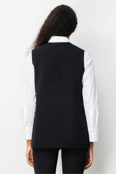 Desen Triko Women's V-Neck Pocket Crocheted Wool Vest Black