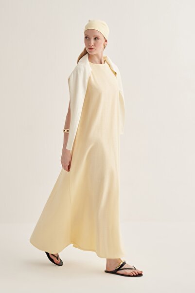 EBU Prive Kadın Organik Pamuk Kolsuz Kemerli Elbise Tereyağı