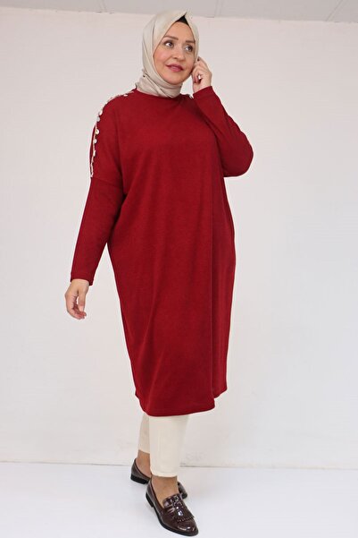 Eslina 58112 Plus Size Low Arm Tunic with Shoulder Accessory Detail - Burgundy
