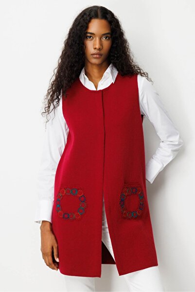 Desen Triko Women's Crew Neck Pocket Crocheted Long Wool Vest V.Çürüğü