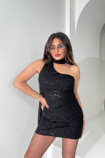Sohotique By P Sequined One Shoulder Scarf Dress Black