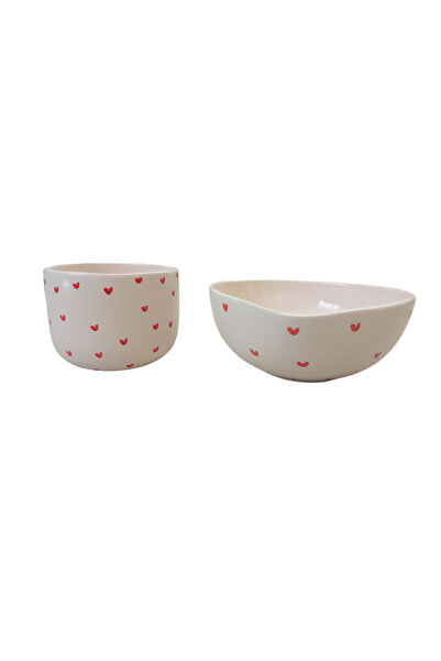 SERAMİK El yapımı kırmızı kalpli matcha kasesi ve kupası