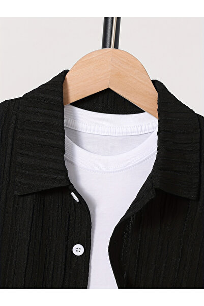 Take Two By Styli Teen Black Textured Button Front Shirt