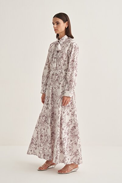 EBU Prive Γυναικείο φόρεμα από ποπλίνα με φαρδύ μοτίβο κήπου καφέ