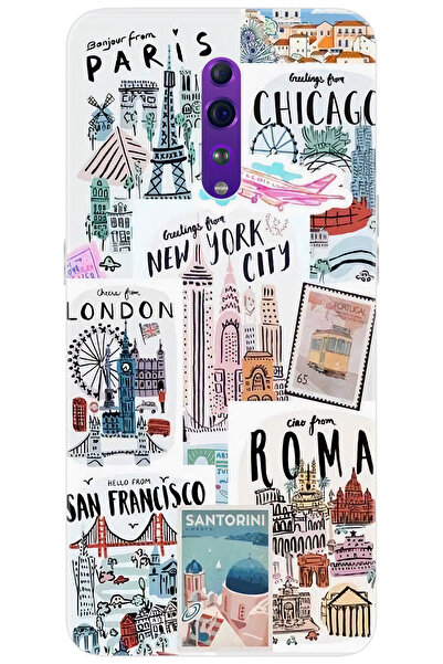 OPPO Reno Z (CPH1979) Uyumlu Kılıf Desen Baskılı Silikon Newyork Roma London ...