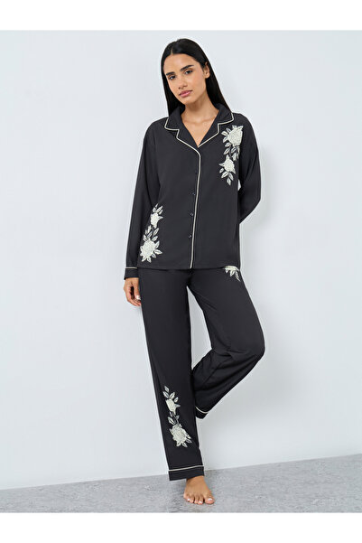 Styli Placement Floral Button Through Shirt and Pyjama Set