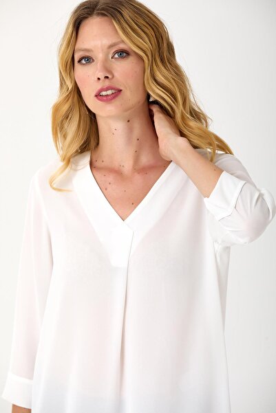 İKİLER V-Neck ¾ Sleeve Chiffon Blouse