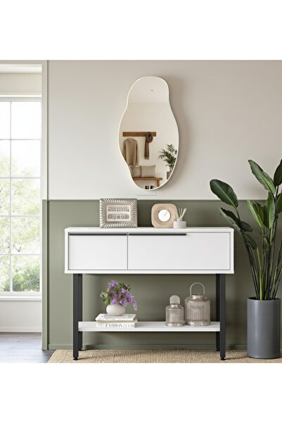 Robin Home Antre Hol Salon Aynalı Dresuar Kapaklı Metal Ayaklı NO1 Beyaz