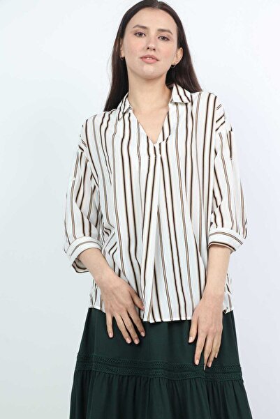 mica Striped V-Neck Three-Quarter Sleeve Top