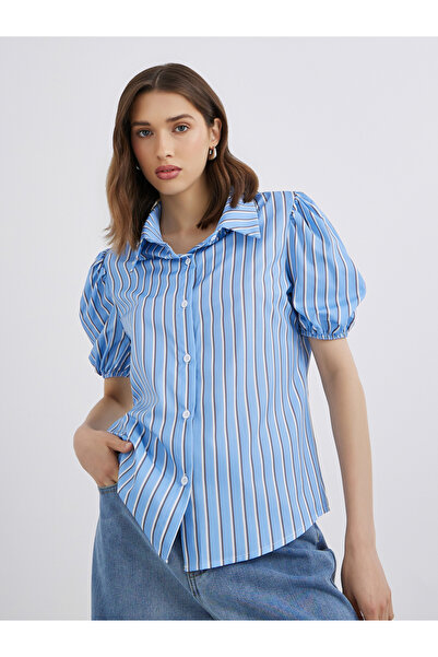 Take Two By Styli Women Blue Striped Puff Sleeves Shirt