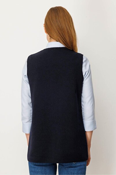 Desen Triko Women's V-Neck Pocket Crocheted Wool Vest Dark Blue