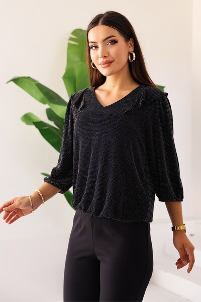 Kübra Tekstil Women's Black Shoulder Ruffle Detailed Colorful Stone/Shiny/Glitter Long Sleeve Blouse – Women's Blouse