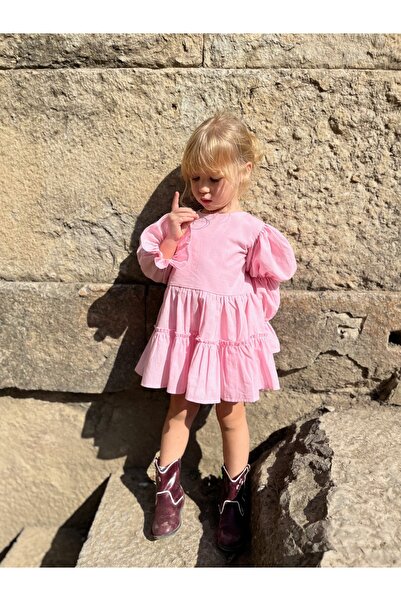 Balerinikizler Baby&Kids Girl's Dress with Gathered Balloon Sleeves and Back Detail