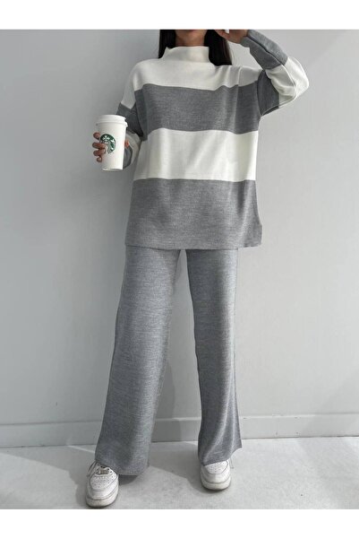 moda paketi Oversize Sweater Pants Striped Two-Piece Knitwear Set