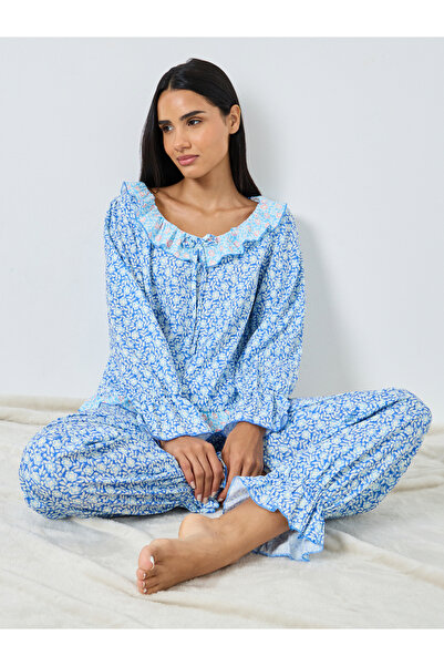 Styli طقم بيجاما مع بلوزة مزينة بكشكشة زهرية متباينة اللون