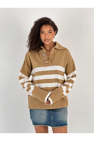 Miss Poem Women's Striped Figured Buttoned Camel Knitwear Sweater