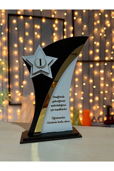 SepetDoluyor Öğretmenler Günü Hediyesi, Masaüstü Dekoratif Ödül, Lazer Yazılı MDF ve Gold Pleksi Plaket