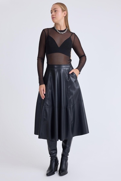 Vitrin Midi Length Leather Skirt with Pockets