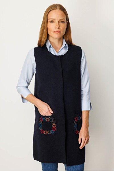 Desen Triko Women's Crew Neck Pocket Crochet Long Wool Vest Dark Blue