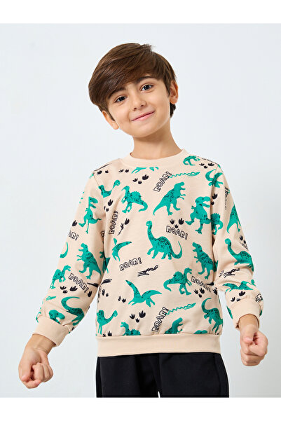 Styli Boys Beige Dinosaur Print Sweatshirt