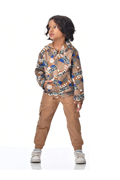 Victor and Jane By Styli Boys Brown Full Zip Hoodie and Cargo Joggers Set