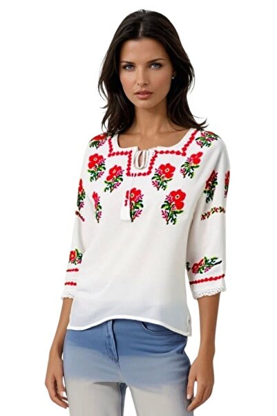 rody's forever Παραδοσιακή μπλούζα, γυναικεία ML 237 λευκή/καρδινάλιο μπλε, μ...