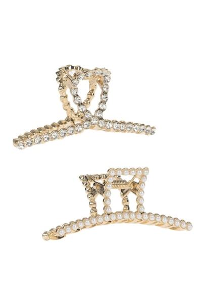 SHOPIENS Agrafe de păr aurii MYONNA cu strasuri și perle albe, 7,5 cm, set de 2