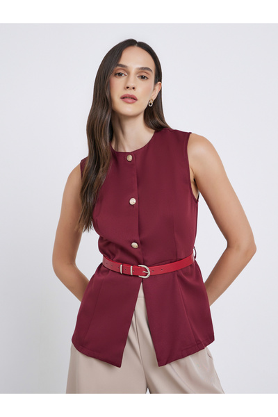 Styli Round Neck Buttoned Waistcoat with Belt