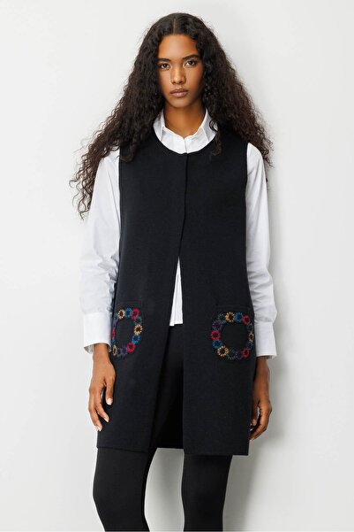 Desen Triko Women's Crew Neck Pocket Crocheted Long Wool Vest Black