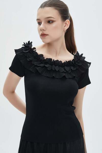 mica Solid Off-Shoulder Top with Embroidery