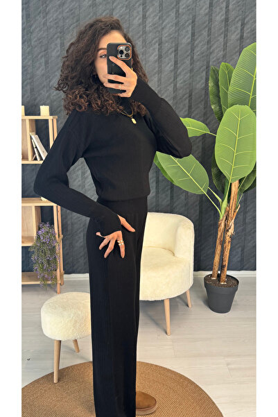PUANT ATELIER Finger-Looped Ribbed Half-Fisherman Knit Crop Sweater Pants Knitwear Bottom-Top Set