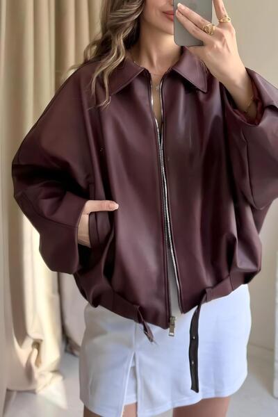 Jaglion Δερμάτινο μπουφάν Luvren Burgundy Bomber με ζώνη ZR