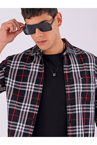 The Indian Garage Co By Styli Men Black Checked Spread Collar Shirt