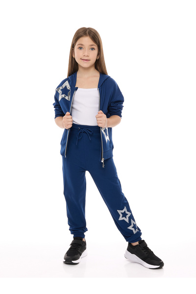 Victor and Jane By Styli Girls Blue Star Sequined Jacket and Joggers Set