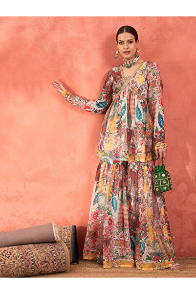 Sassafras By Styli Multi All Over Print Peplum Top and Sharara Pants Set