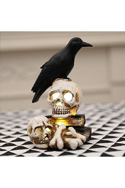 Leexo Figurina cu led, craniu si cioara pentru Haloween - Decor Macabru cu Stil