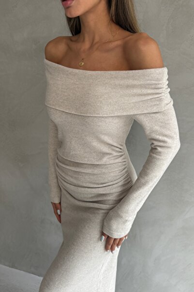 Ulino Madonna Collar Draped Knitted Soft Dress