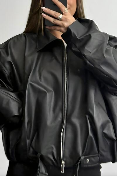 Jaglion Δερμάτινο μπουφάν Luvren Μαύρο Νέα Σεζόν Τάση Με Ζώνη Bomber PB