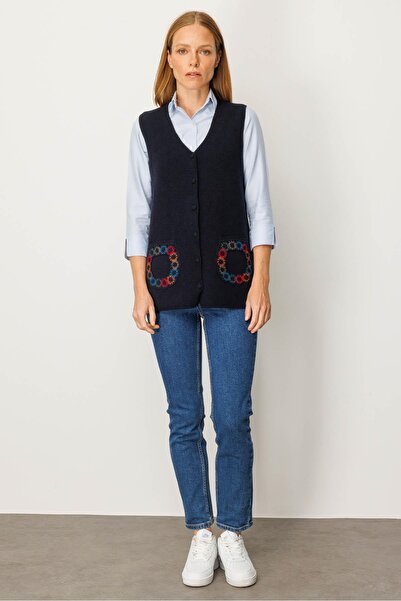 Desen Triko Women's V-Neck Pocket Crocheted Wool Vest Dark Blue