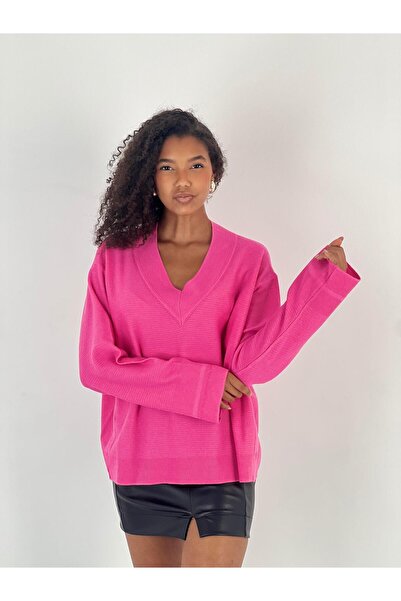 Miss Poem Women's V-Neck Pink Knitwear Sweater