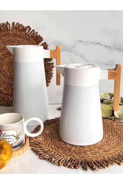 ROSSEV North Bamboo Handle Steel Thermos White 2-Piece Set