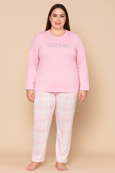 Pemilo Women's 20741 Plus Size 100% Cotton Milan Long Sleeve Pajama Set Pink
