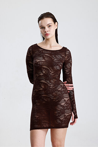 Sense Lace Mini Dress - Long Sleeve, Stylish Evening and Party Wear |   Elb36380 Coffee