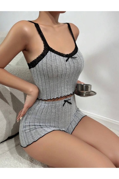LUVIENNA Women's Lace Detailed Ribbed Shorts Two-Piece Set