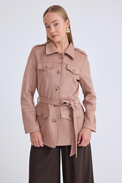 Vitrin Beli Kuşaklı Düğmeli Süet Ceket