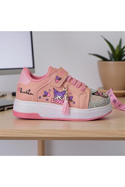 JOJO KIDS Girl's kuromi leather sports shoes, velcro sneakers, thick sole.