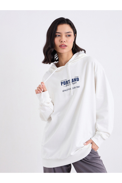 Styli Off White Longline Hoodie with Slogan Print