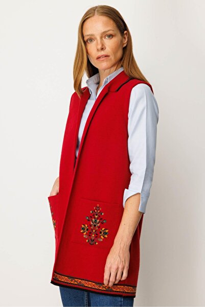 Desen Triko Women's Polo Neck Hem Kilim Patterned Long Wool Vest Dark Red