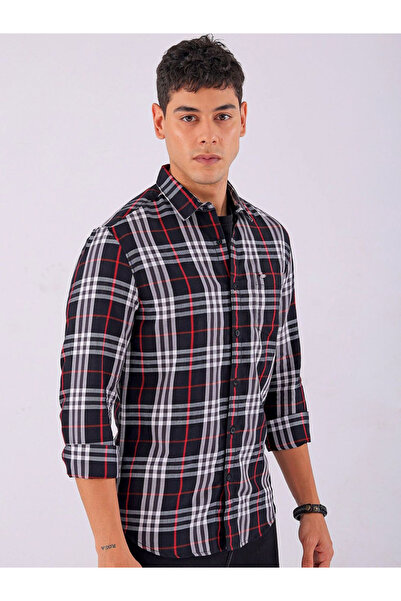The Indian Garage Co By Styli Men Black Checked Spread Collar Shirt