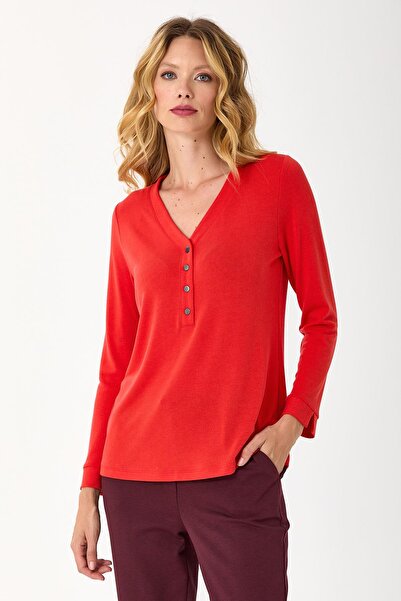 İKİLER V-Neck Front Snap Long Sleeve Blouse